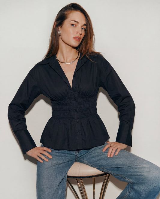 topwear,tops,casual, outdoor events,minimal, summer, streetwear,knitted,cotton,black,solid,ruched,button,slim fit,shirt,regular length,curved hem,collared,long sleeveless, OY1923, 25060028GG