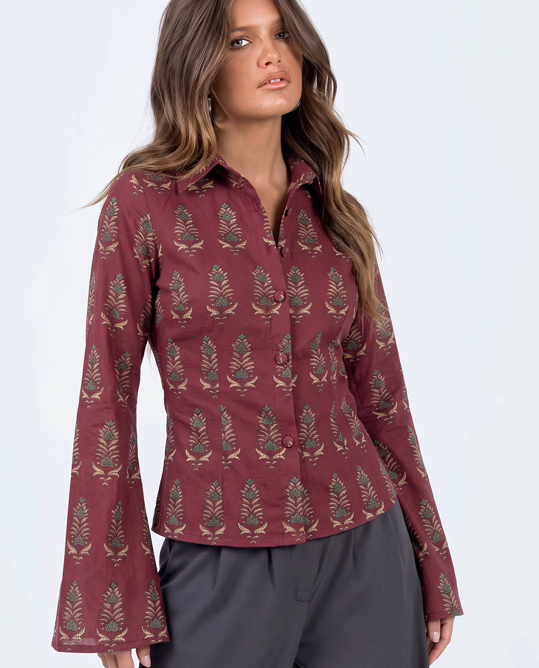 Handblock Print Deep Red Fitted Shirt