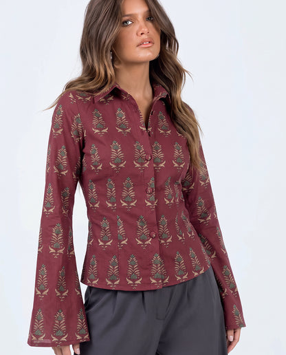 Handblock Print Deep Red Fitted Shirt