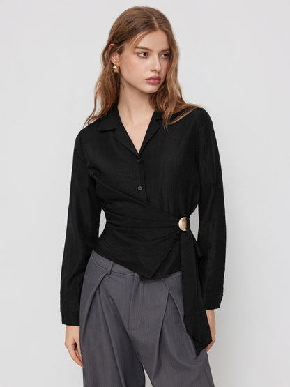 Black Wrap Detail Shirt with Gold Accent