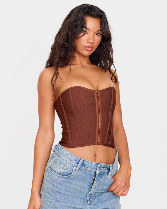 corset-fitted-brown-top-brown-oy1512,25010012GG52,topwear,tops,party, vacation, outdoor events,bold, glam, streetwear,knitted,ribbed,brown,solid,skinny fit,corset,regular,off shoulder,off shoulder,sleeveless,Color: Brown
Fabric: Ribbed
Fit: Skinny Fit 
Length: Regular
Neck: Off Shoulder
Sleeve: Sleeveless
Print: Solid
Closure: Hook & Eye,CORSET FITTED BROWN TOP