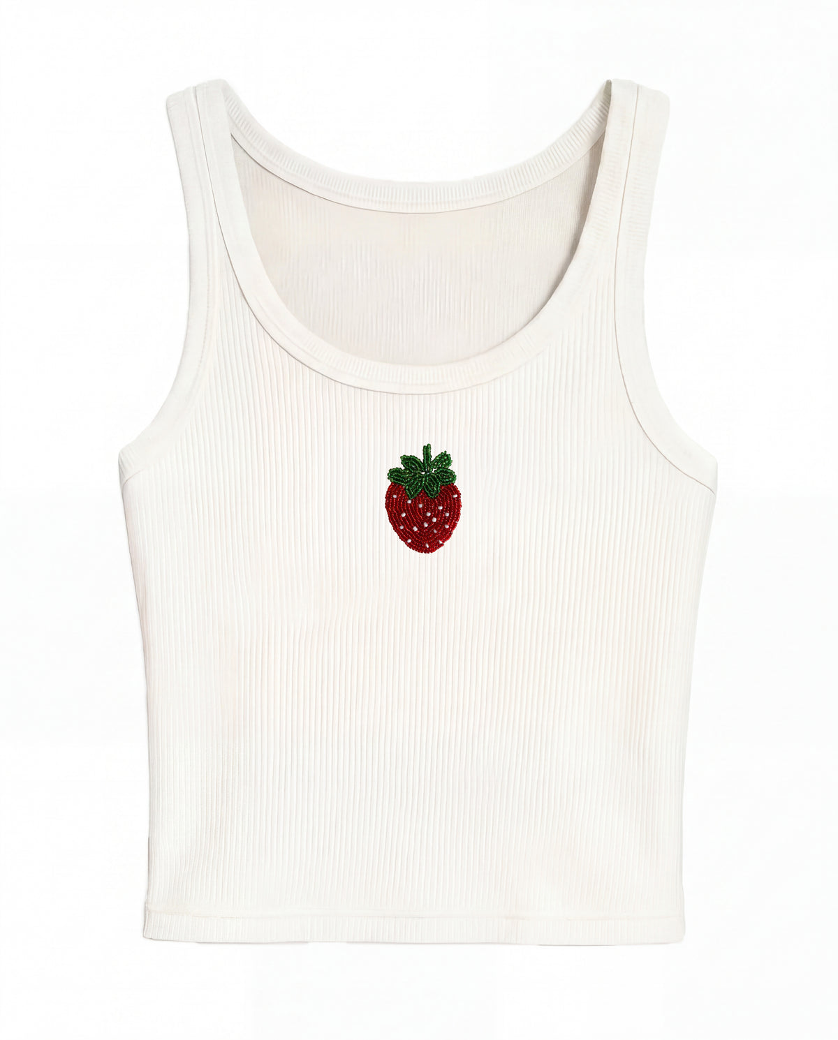 Strawberry beaded Ribbed Tank- white