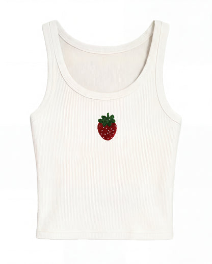 Strawberry beaded Ribbed Tank- white