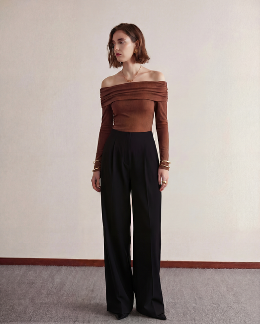 Off Shoulder Top With Pleated Korean Pants Cord Set