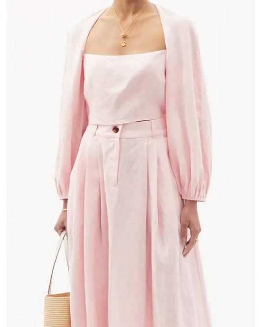 coord sets,skirt, topwear,vacation, outdoor events,minimal, sophisticated, summer, urban fit,woven,cotton slub,soft pink,solid,cutout, pleated,regular fit top,fitted top,crop top,straight hem,square neck,,balloon sleeves,long sleeves,zipper back,skirts,a-line skirt,midi,,mid rise waist,25040018GG, OY1404