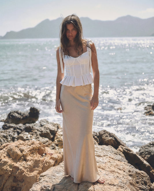 elegant fashion, golden skirt, maxi skirt, white top, summer top, vacation wear