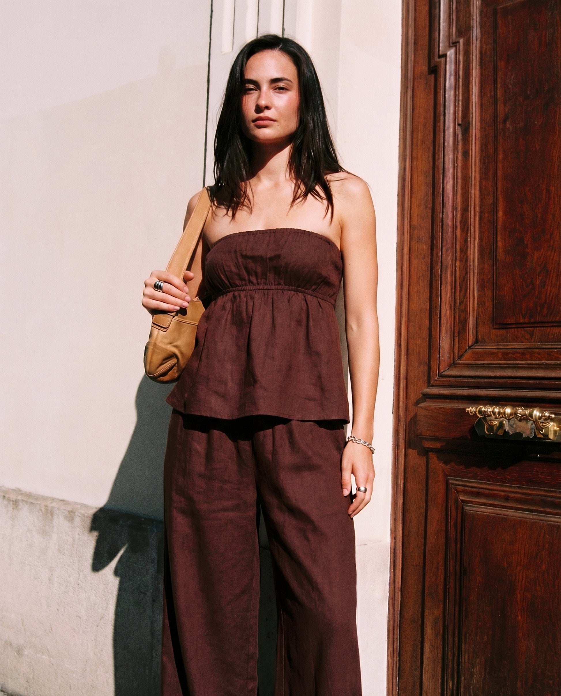 coord sets,bottomwear, topwear,casual chic, vacation, outdoor events, summer,urban fit, genz,woven,cotton,gathers,dark brown,solid,gathers,,,fit and flare fit,bandeau,waist length top,flared hem,off shoulder,no straps ,no sleeves,sleeveless,slip on,pants,wide leg pants,full length,straight hem,mid rise waist,side pockets, OY3058, 25070027GG