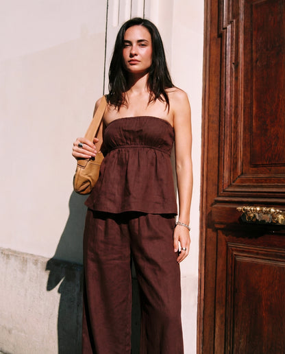 coord sets,bottomwear, topwear,casual chic, vacation, outdoor events, summer,urban fit, genz,woven,cotton,gathers,dark brown,solid,gathers,,,fit and flare fit,bandeau,waist length top,flared hem,off shoulder,no straps ,no sleeves,sleeveless,slip on,pants,wide leg pants,full length,straight hem,mid rise waist,side pockets, OY3058, 25070027GG