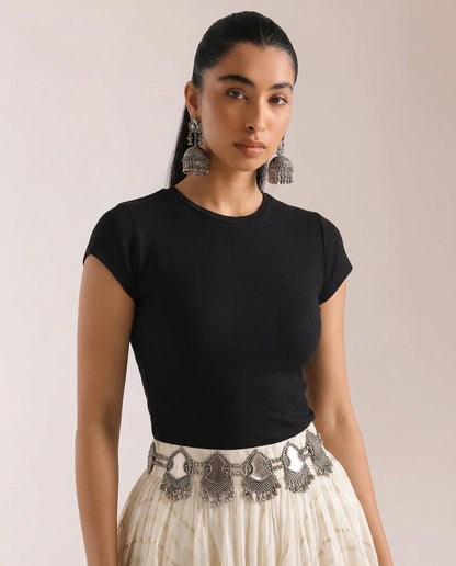 Black Cap Sleeve Crop Top