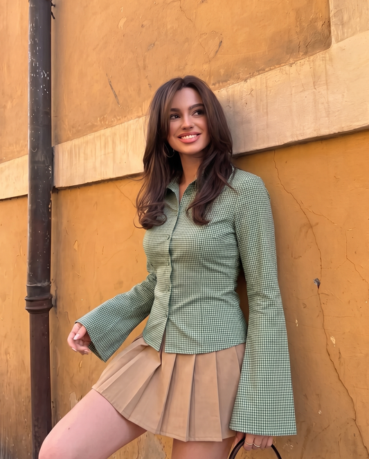 Green Check Shirt With Cinched Waist