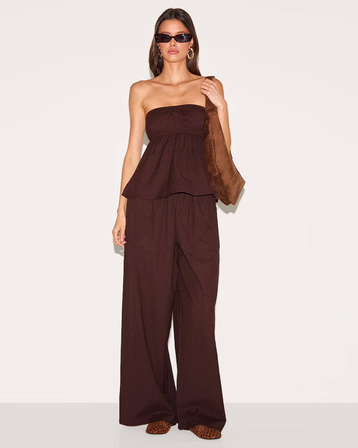 coord sets,bottomwear, topwear,casual chic, vacation, outdoor events, summer,urban fit, genz,woven,cotton,gathers,dark brown,solid,gathers,,,fit and flare fit,bandeau,waist length top,flared hem,off shoulder,no straps ,no sleeves,sleeveless,slip on,pants,wide leg pants,full length,straight hem,mid rise waist,side pockets, OY3058, 25070027GG