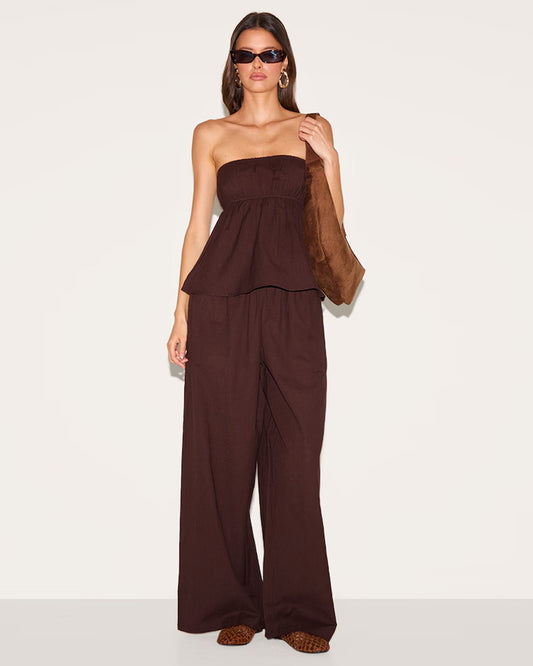 coord sets,bottomwear, topwear,casual chic, vacation, outdoor events, summer,urban fit, genz,woven,cotton,gathers,dark brown,solid,gathers,,,fit and flare fit,bandeau,waist length top,flared hem,off shoulder,no straps ,no sleeves,sleeveless,slip on,pants,wide leg pants,full length,straight hem,mid rise waist,side pockets, OY3058, 25070027GG