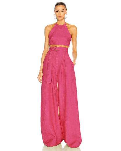 coord sets,bottomwear, topwear,vacation, outdoor events, resort wear,beach, minimal, sophisticated, timeless,woven,poly linen,pink,solid,pleated, tie knot, utility pocket,drawstring,tailored fit top,crop top,crop top,straight hem,halter neck,spaghetti strap,sleeveless,backless,pants,wide leg pants,full length,high rise waist,2 pockets, OY1401-pink, 25090080GG