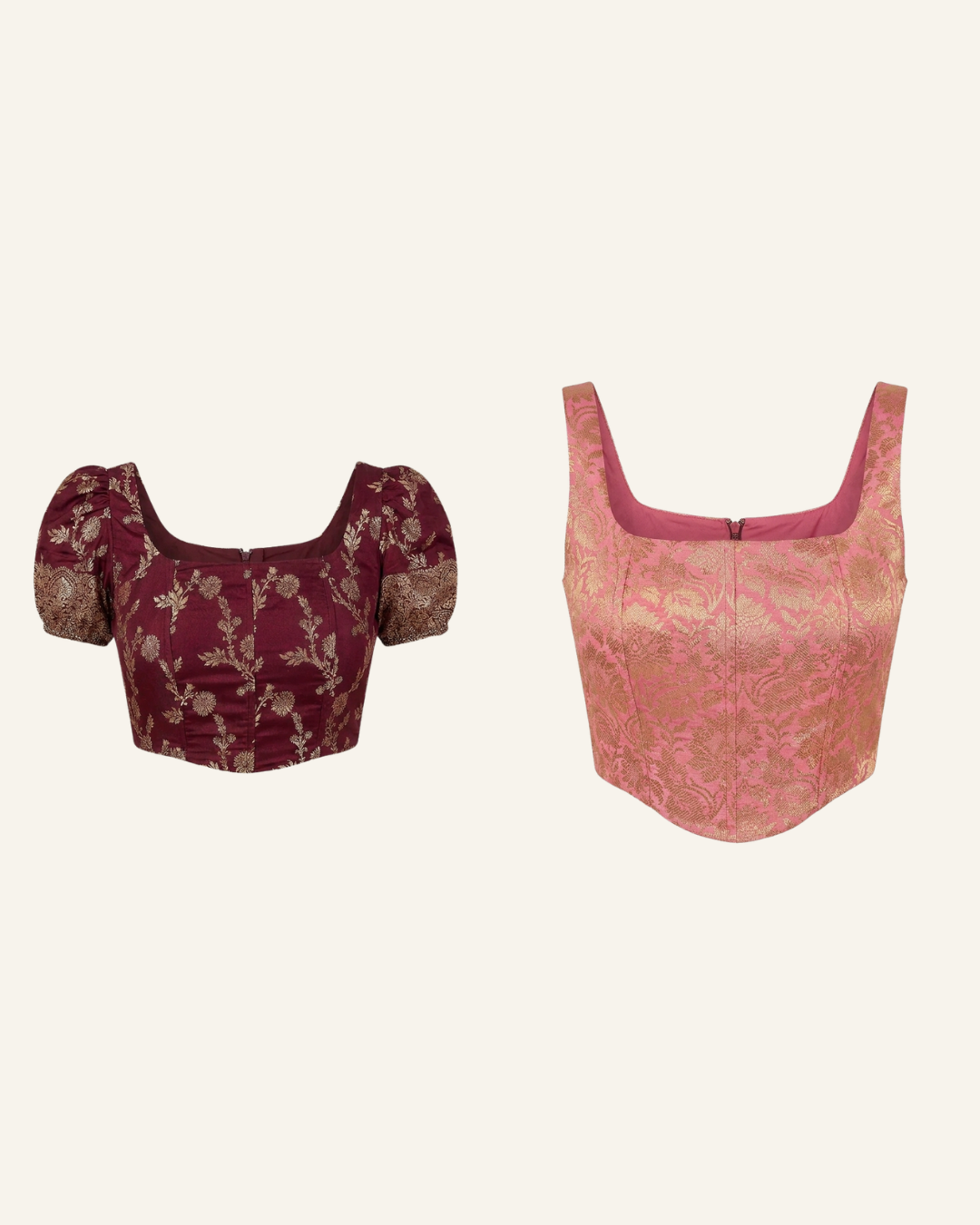 Set of 2 Maroon and Blush Pink Banarasi Brocade Corset Tops