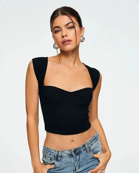 sweetheart-neck-crop-top,SWEET HEART NECKLINE TOP,topwear,tops,casual,streetwear,knitted,single jersey,black,solid,slim fit,crop,crop,diamond neck,sleeveless