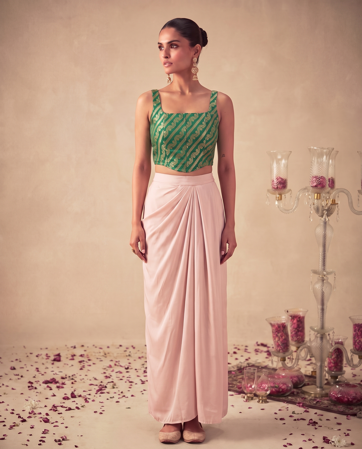 Set of 2 Emerald Green Brocade Corset Top & satin silk draped skirt set