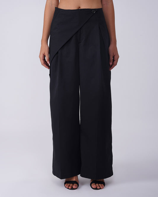 WRAP FRONT WIDE LEG PANTS,black, bottomwear, full length, high rise, pants, pleated, polyester, relaxed fit, semi-formal, streetwear, summer, wide leg, woven,wrap_front_wide_leg_pants_black,Color- BlackFabric- Polyester Type- Wide LegFit- Relaxed Fit Length- Full Length(41in)Waist- High RiseClosure- Zip &amp; ButtonPrint- Solid Detail- Pleated &amp; Wrap Front