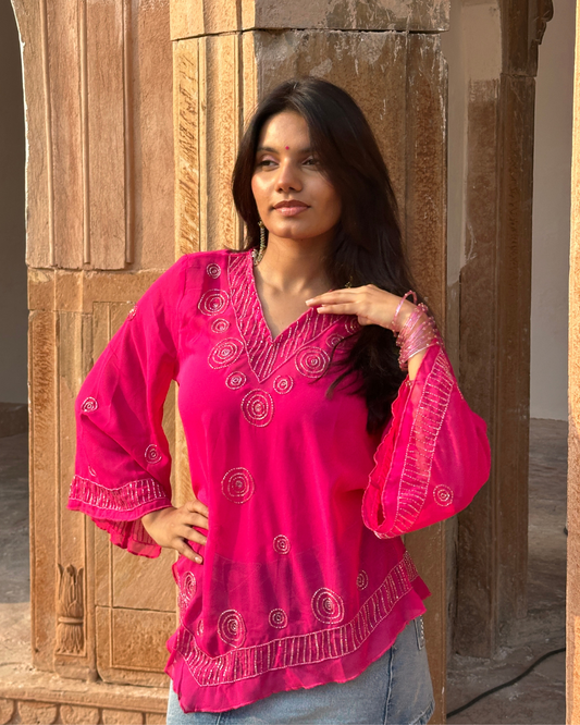 Embellished Flared Sleeve bohemian Top- Rani Pink