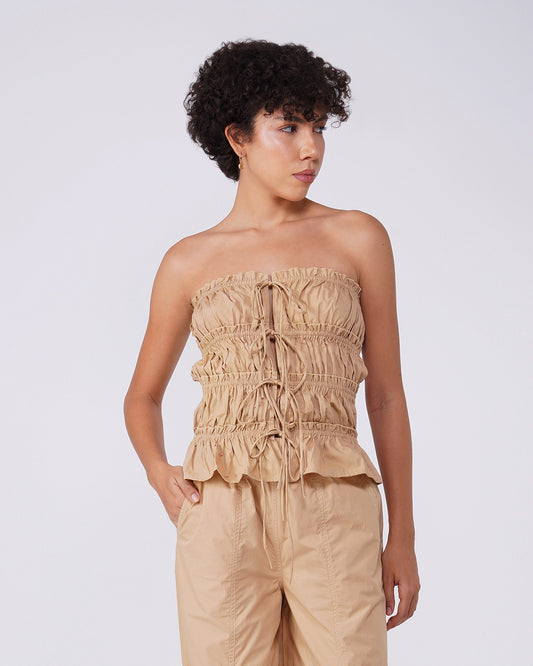 ruched-tie-up-top-beige,TIE UP TOP WITH STRINGS,topwear,tops,casual,soft girl,woven,poplin,beige,solid,ruched,regular fit,tie up,regular,cami neck,adjustable strap,