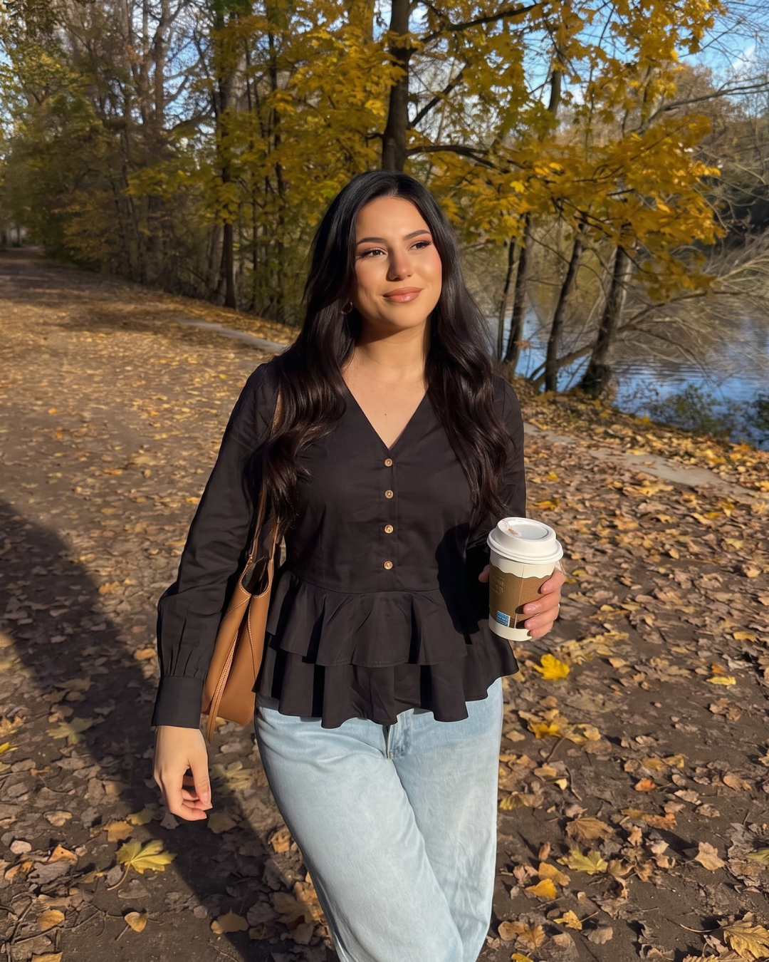 Peplum V-Neck Cotton Top - Black