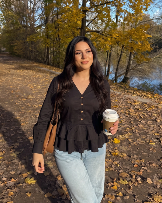 Peplum V-Neck Cotton Top - Black