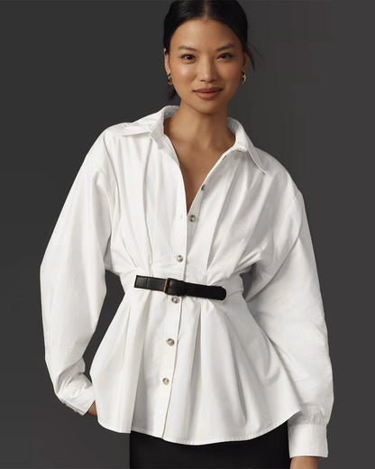 topwear,tops, shirts,casual chic, semi-formal,gen z, millenial, minimal, summer,woven,poplin, cream,solid,pleated,buckle, button,tailored fit,shirt,waist length,flared hem,shirt collar,no straps,set in sleeves,long sleeves, OY2123	25090032GG