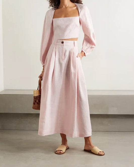 coord sets,skirt, topwear,vacation, outdoor events,minimal, sophisticated, summer, urban fit,woven,cotton slub,soft pink,solid,cutout, pleated,regular fit top,fitted top,crop top,straight hem,square neck,,balloon sleeves,long sleeves,zipper back,skirts,a-line skirt,midi,,mid rise waist,25040018GG, OY1404