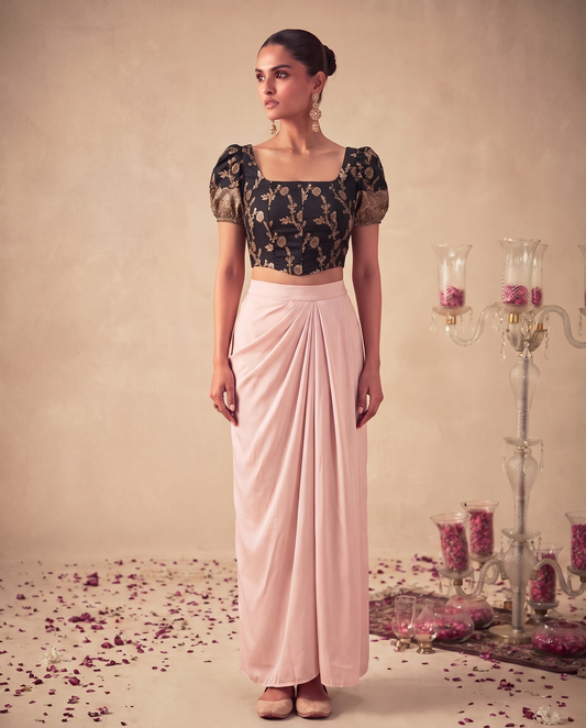 Black Brocade Banarasi Top & Satin Skirt Coord Set
