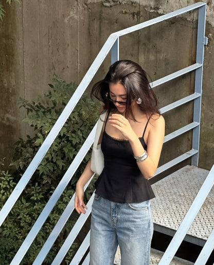 topwear,tops,casual, outdoor events,minimal, soft girl, summer,woven,cotton,black,solid,lace,slim fit,fit and flare,waist length,straight hem,square neck,spaghetti strap,sleeveless, OY1922, 25060027GG