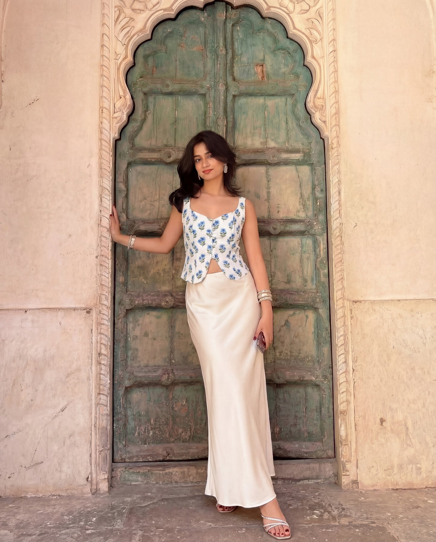 Floral Corset Top With Ivory Satin Skirt