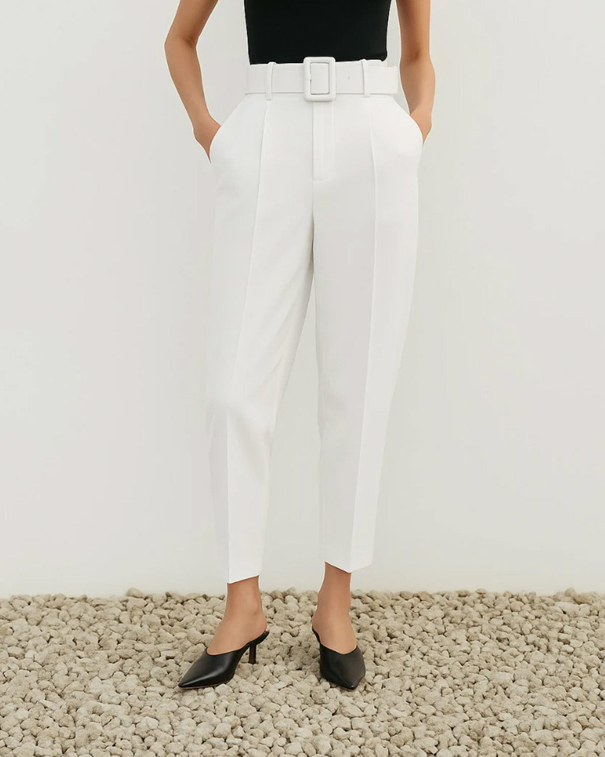 bottomwear,pants,formal, semi-formal,business outfit, urban fit, workwear,woven,polyester, spandex,white,pleated,belt,tailored fit,tapered,full length,high rise	25090037GG, OY942