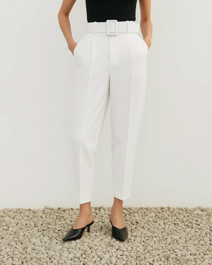 bottomwear,pants,formal, semi-formal,business outfit, urban fit, workwear,woven,polyester, spandex,white,pleated,belt,tailored fit,tapered,full length,high rise	25090037GG, OY942