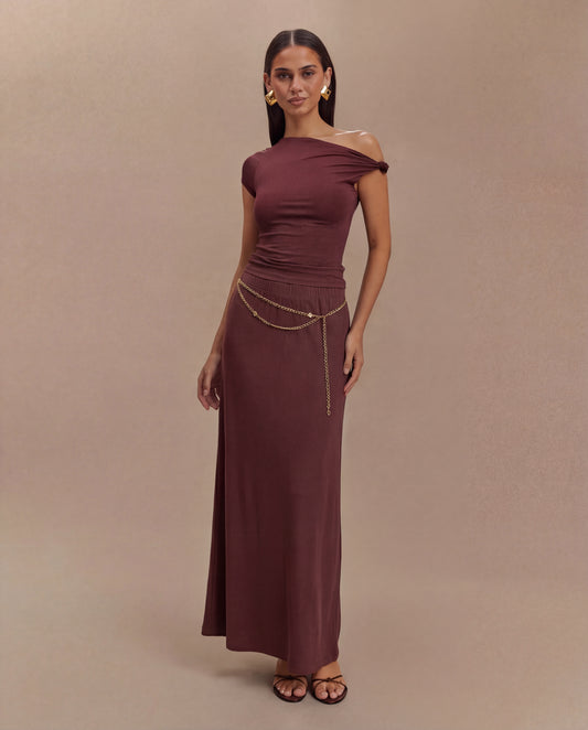 Earthy Brown Co-Ord Set- One Shoulder Ribbed Top