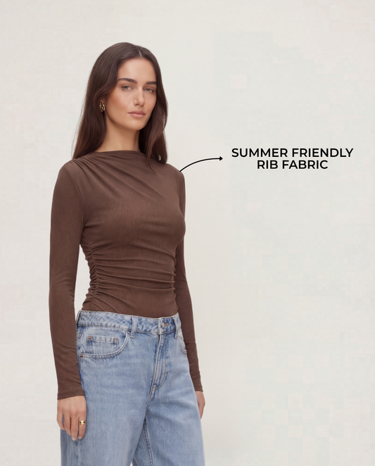 Brown Ribbed Ruched Bodysuit