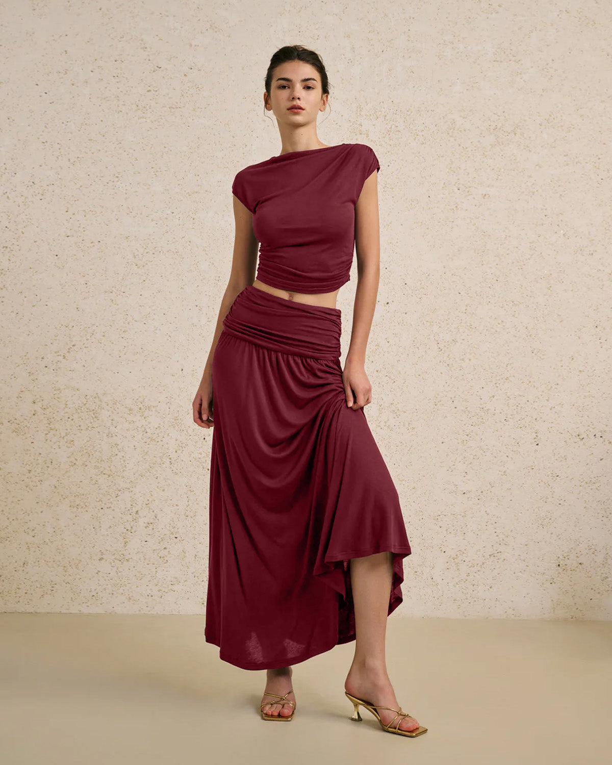 coord sets,bottomwear, topwear,casual chic, outddoors, vacation, lunch date, summer,urban fit, genz, minimal,knitted,ribbed,ruching,dark brown,solid,ruching,,,slim fit top,fitted top,waist length,straight hem,crew neck,no straps,short sleeves,cap sleeves,slip on top,skirts,flare  skirt,full length,flared hem,mid rise waist,no pockets, OY3049, 25070020GG