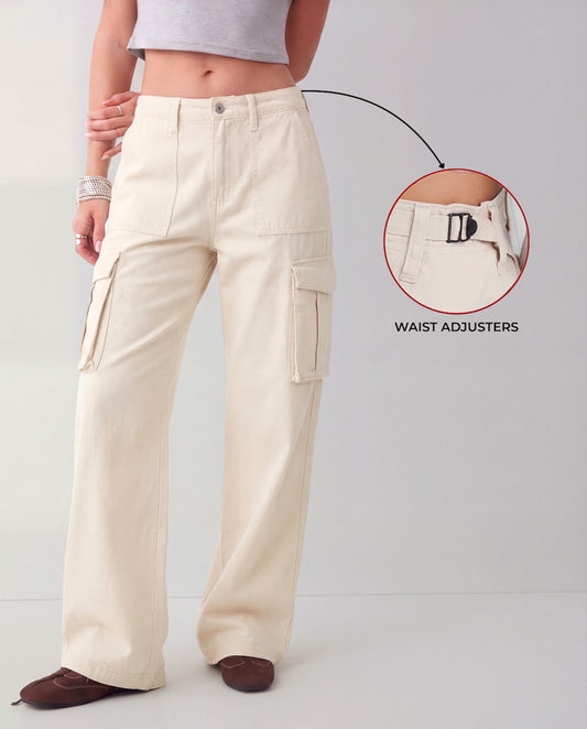 Cream Wide Leg Adjustable Cargo