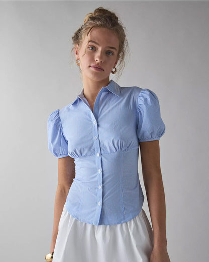 topwear,tops, shirts,casual, formal, semi-formal,minimal, soft girl, summer,woven,polycotton,printed,blue,pinstripes,ruched,button,tailored fit,shirt,waist length,curved hem,shirt collar,balloon sleeves,short sleeves,OY2012,25060044GG"