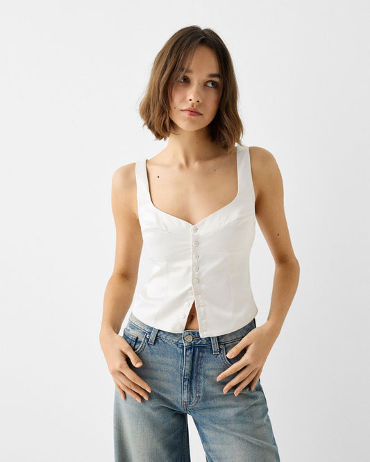 button-up-fitted-top,WHITE FITTED TOP,topwear,tops,semi-formal,minimal,woven,poplin,white,solid,button,tailored fit,fitted,regular,diamond neck,sleeveless