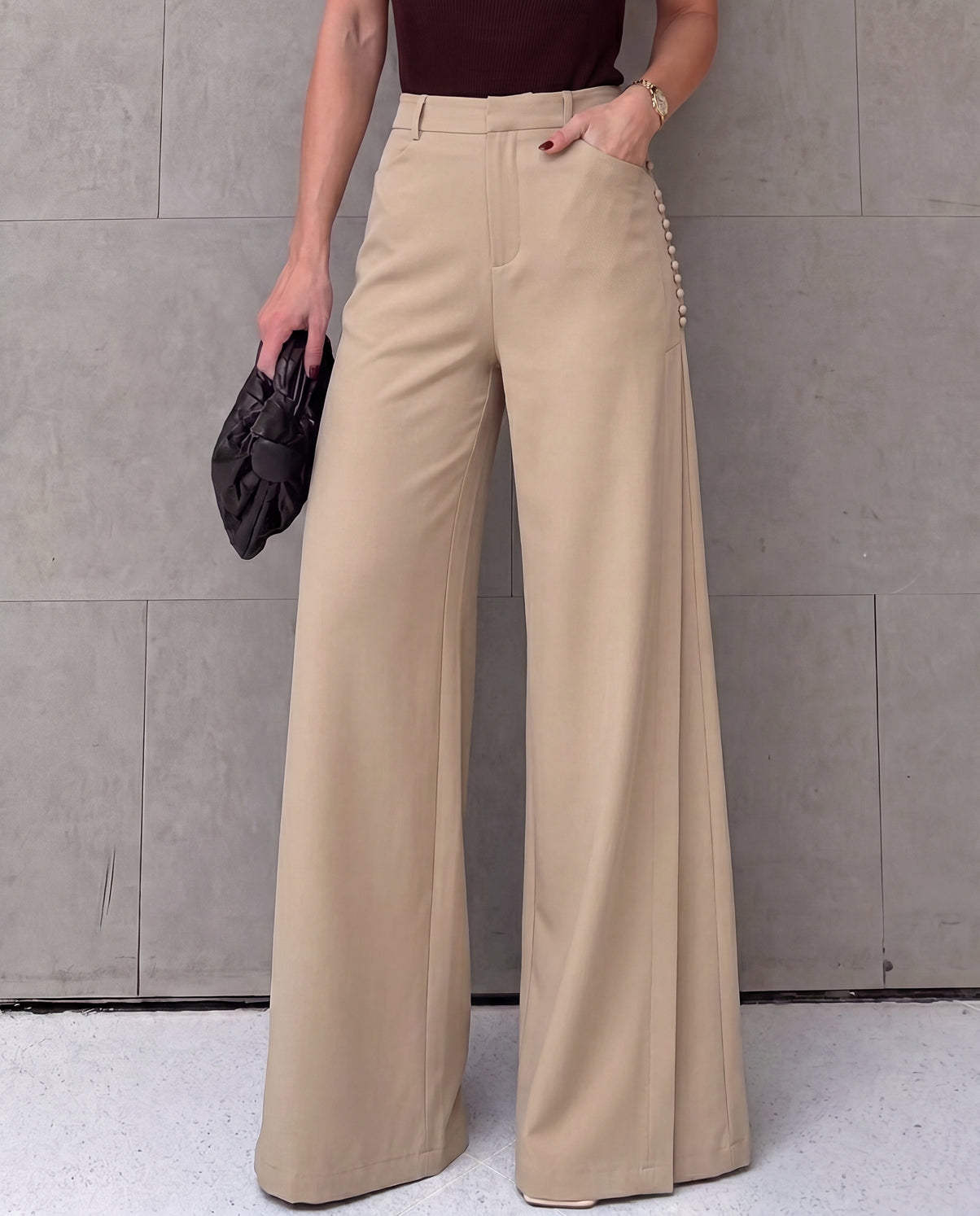 Beige Pleated Wide Leg Trouser