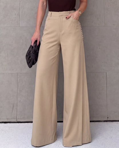 Beige Pleated Wide Leg Trouser