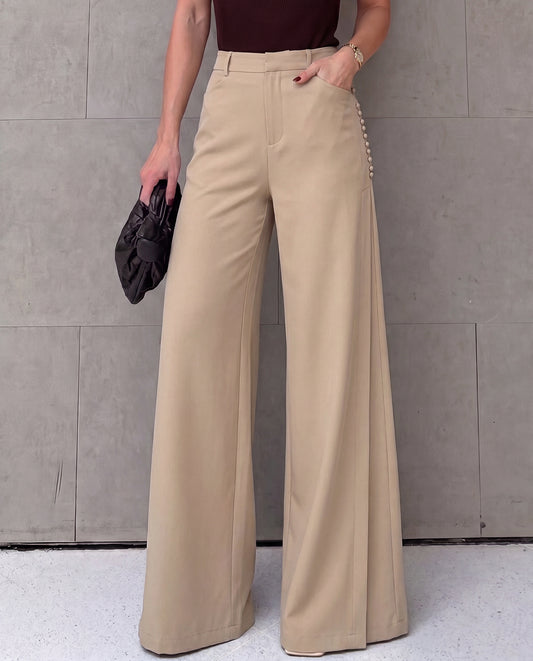 Beige Pleated Wide Leg Trouser