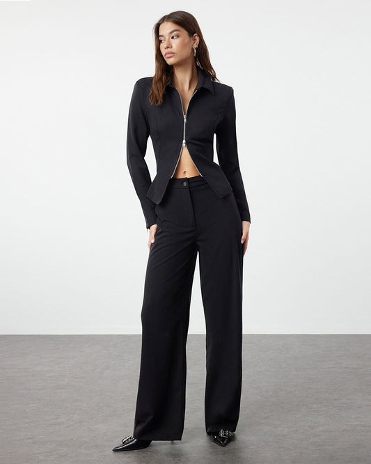 HIGH WAIST STRAIGHT FIT PANTS,black, bottomwear, cream, full length, high rise, high waist, pants, pleated, straight fit, trousers, wide leg,straight-fit-solid-pants-black,Length - Full length Waist - High-rise waist Fit - Straight fit Color - Black No. of Pockets - 2Material - Polyester Length - 39-41 inch Closure - Zip &amp; button, stretch, stretchable