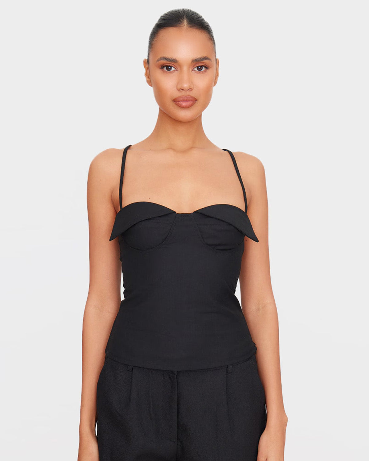 topwear,tops,casual, outdoor events,bold, minimal, summer,woven,cotton,black,solid,zipper,slim fit,fitted,waist length,straight hem,cami neck,spaghetti strap, OY1921, 25060026GG