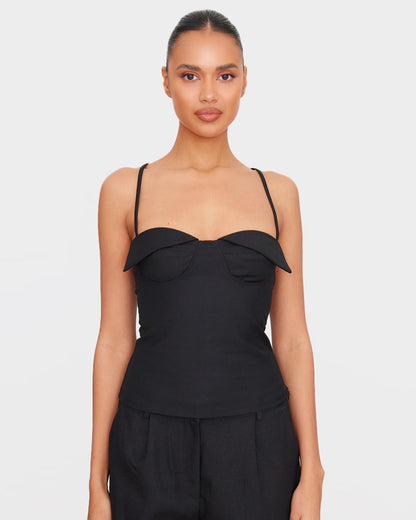 topwear,tops,casual, outdoor events,bold, minimal, summer,woven,cotton,black,solid,zipper,slim fit,fitted,waist length,straight hem,cami neck,spaghetti strap, OY1921, 25060026GG