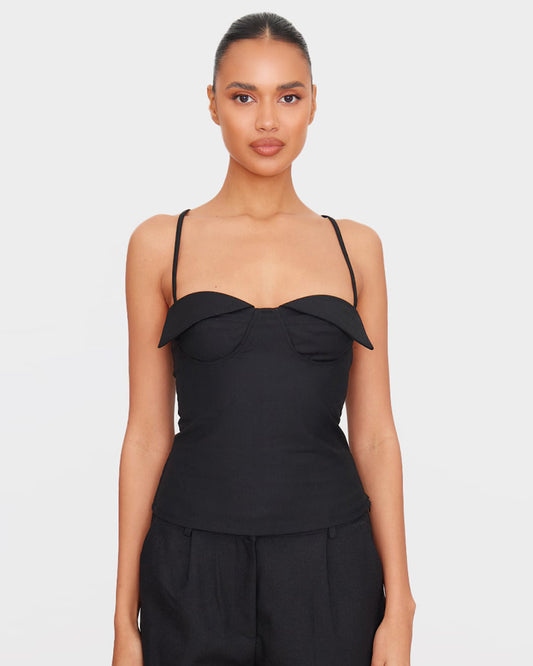 topwear,tops,casual, outdoor events,bold, minimal, summer,woven,cotton,black,solid,zipper,slim fit,fitted,waist length,straight hem,cami neck,spaghetti strap, OY1921, 25060026GG