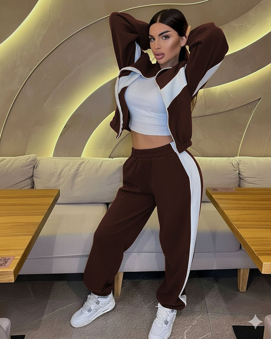 coord sets,bottomwear, topwear,casual chic, loungewear, vacation,genz fit, streetwear, winter,knitted, woven,fleece,brown,color block,panelling, ruched hem,zipper,relaxed fit top,zip up jacket,waist length top,gathered hem,high neck,no straps,long sleeves,long sleeves,zipper,trousers,joggers,full length,ruched hem,mid rise waist,no pockets, OY2192 Brown, 25090050GG