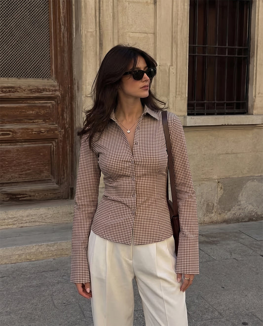 Brown Gingham Check Flared Sleeve Fitted Shirt