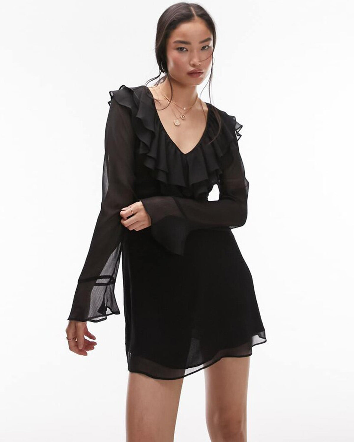dresses,dresses,date night, outdoor event, party, statement, vacation,beach, soft girl, summer,woven,american crepe, chiffon,black,solid,flounce, textured,regular fit,a line,mini,flared,v-neck,flared sleeves,long sleeves,Color: Black
Fabric: American Crepe
Type: A-Line Dress
Fit: Regular Fit
Length: Mini
Neck: V-Neck
Sleeve: Flared Sleeves
Print: Solid
Details: Flounced neckline adds feminine touch to the design.,FLOUNCED NECK A-LINE BLACK DRESS,flounced-neck-a-line-black-dress-black-oy1226,25010027GG