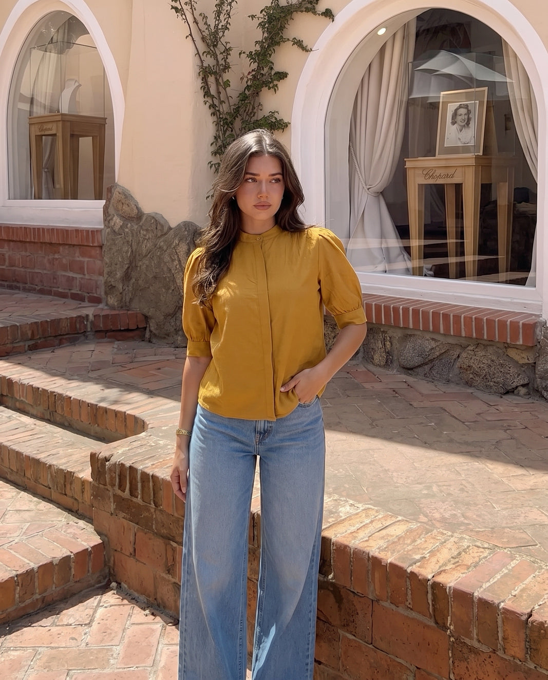 Mustard Mandarin Collar Puff Sleeve Top