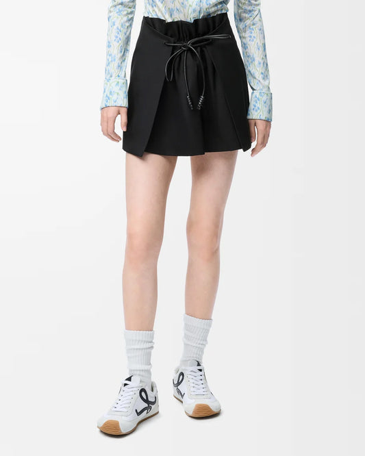 bottomwear,skirts,casual chic, vacation,gen z, glam, summer, streetwear,woven,cotton twill,panelling,black,panelled, tie knot,drawstring,relaxed fit,mini skirt,mini,flared,mid rise, 25080011GG, OY2172
